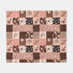 Brown Pink Quilt Patchwork Gingham Cottagecore Fleece Blanket