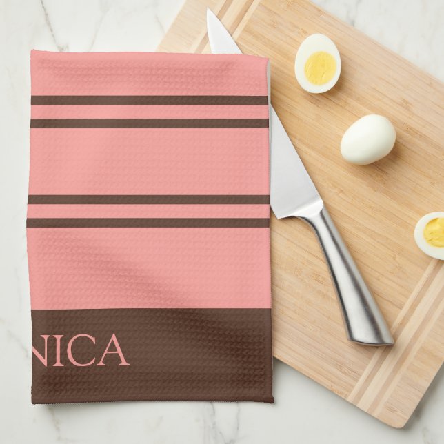  Brown Pink Stripes monogram Name Kitchen Towels (Quarter Fold)