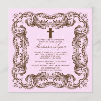 Brown & Pink Vintage Frame Baptism Invitation