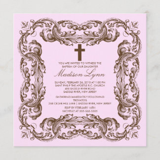 Brown & Pink Vintage Frame Baptism Invitation