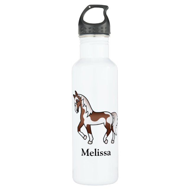 Brown Pinto Cartoon Trotting Horse & Custom Name 710 Ml Water Bottle (Front)