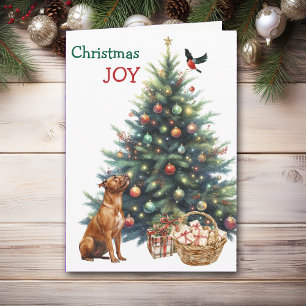 Brown Pit Bull, Bullfinch and Holiday Tree Card