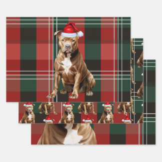 Brown Pit Bull Christmas Dog Red Green Plaid Wrapping Paper Sheet