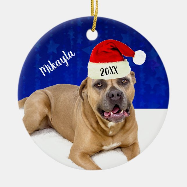 Brown Pit Bull with Santa Hat Christmas   Ceramic Ornament (Front)