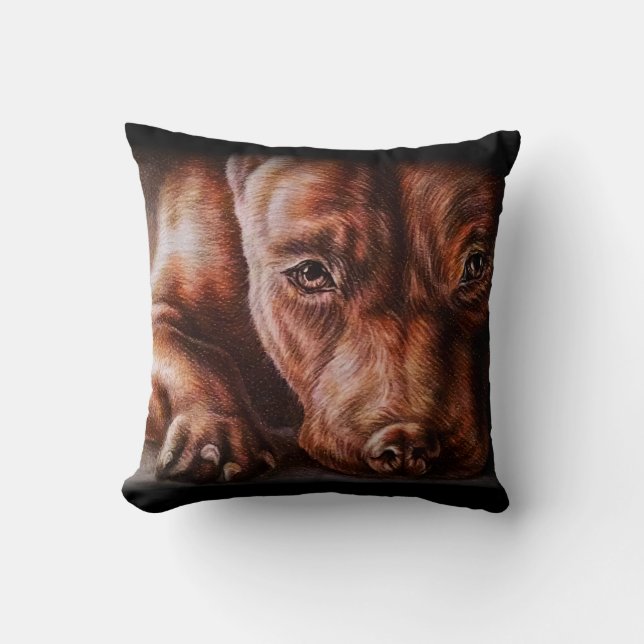 Brown pitbull face drawing of pet portrait dog throw pillow (Front)