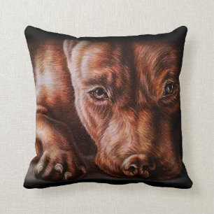 Brown pitbull face drawing of pet portrait dog throw pillow