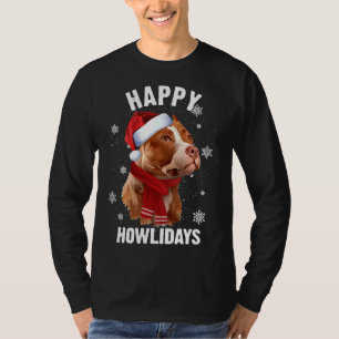 Brown Pitbull Looking Up Dog Christmas Santa Hat T-Shirt