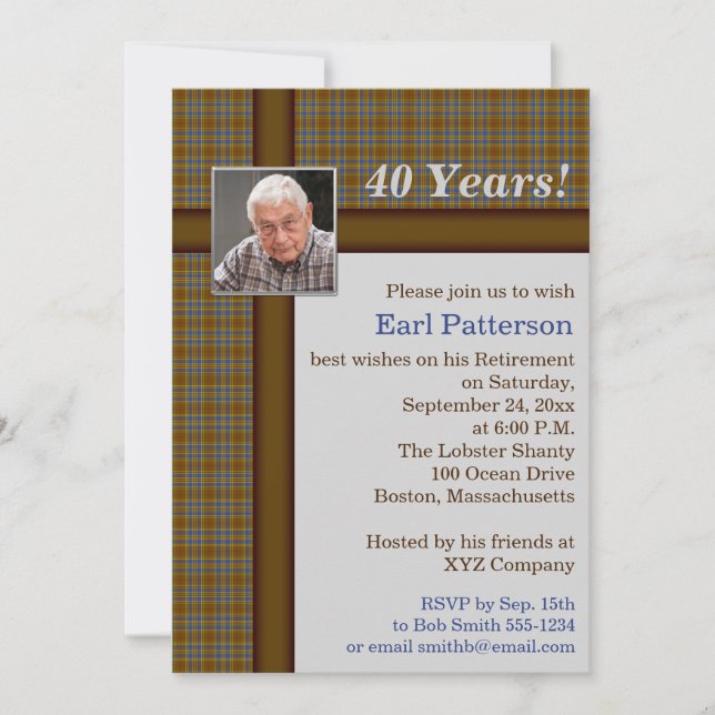 Brown Plaid, Blue and Silver Retirement Invitation (Front)