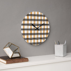 Brown Plaid Check Pattern Large Clock
