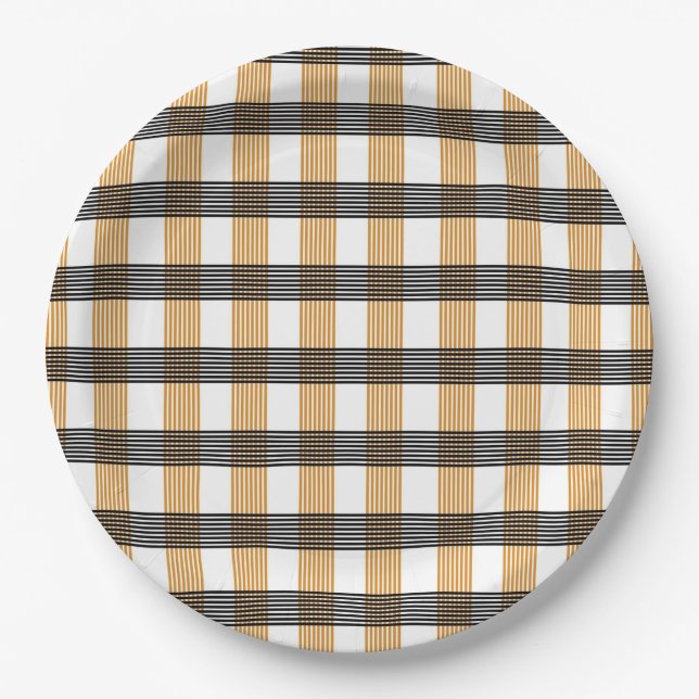 Brown Plaid Check Pattern Paper Plate (Front)
