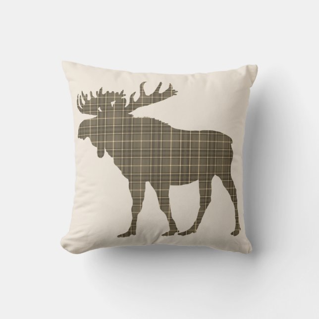 Brown plaid cottage  Moose rustic pillow (Front)