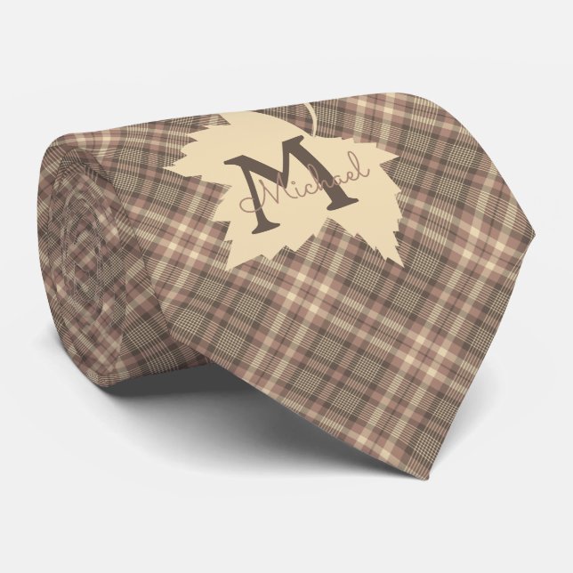 Brown plaid fall leaf silhouette monogram tie (Rolled)
