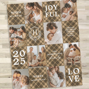 Brown Plaid Family Monogram 8 Photo Christmas Fleece Blanket