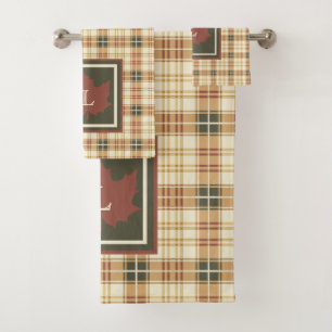 Brown Plaid Motif Automne Maple Leaf Monogramme