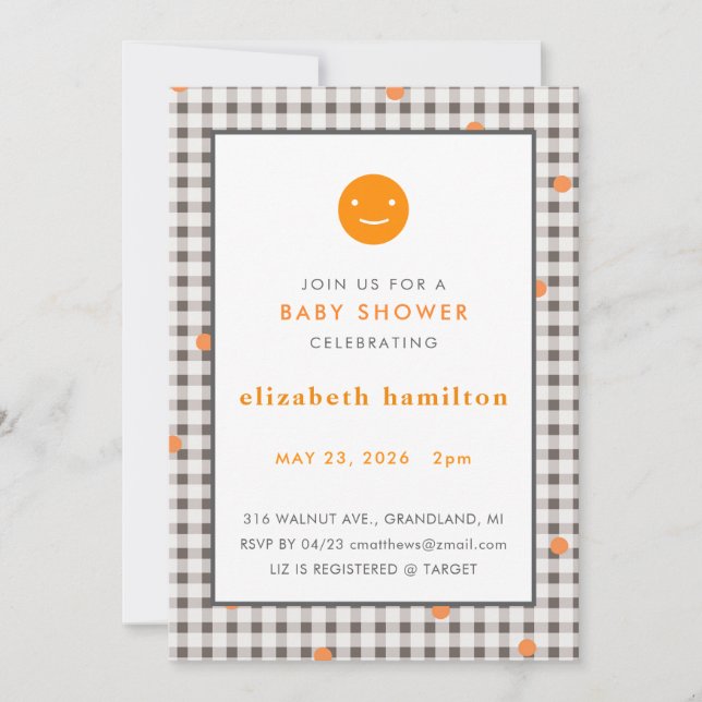 Brown Plaid & Orange Dots Baby Shower Invitation (Front)