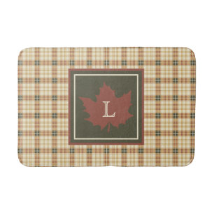 Brown Plaid Pattern Fall Maple Leaf Monogram Bath Mat