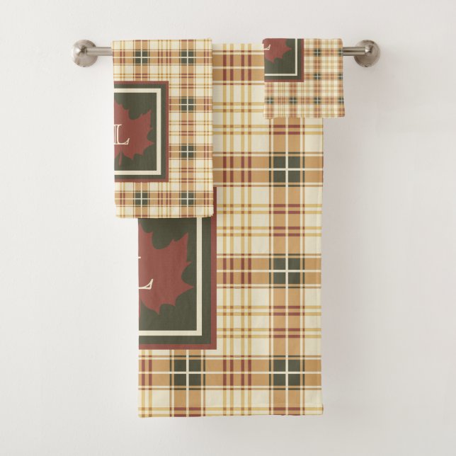  Brown Plaid Pattern Fall Maple Leaf Monogram Bath Towel Set (Insitu)