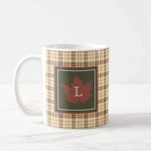 Brown Plaid Pattern Fall Maple Leaf Monogram Coffee Mug