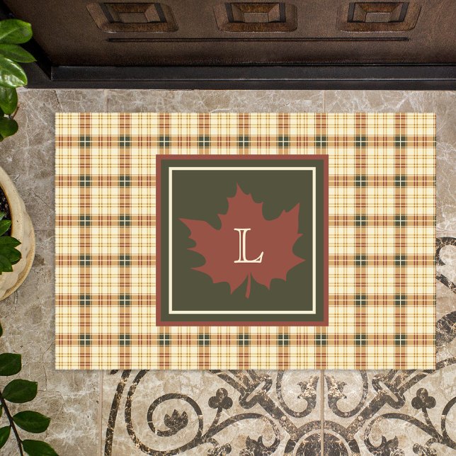 Brown Plaid Pattern Fall Maple Leaf Monogram Doormat (Creator Uploaded)