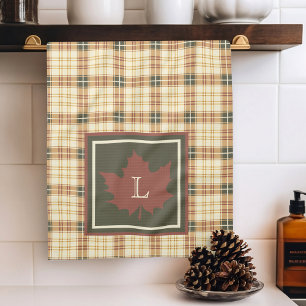 Brown Plaid Pattern Fall Maple Leaf Monogram Kitchen Towel