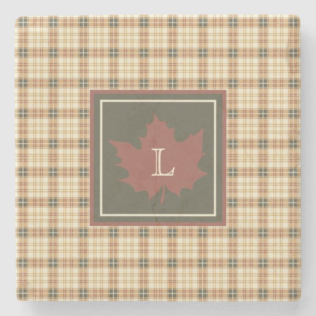 Brown Plaid Pattern Fall Maple Leaf Monogram Stone Coaster (Front)
