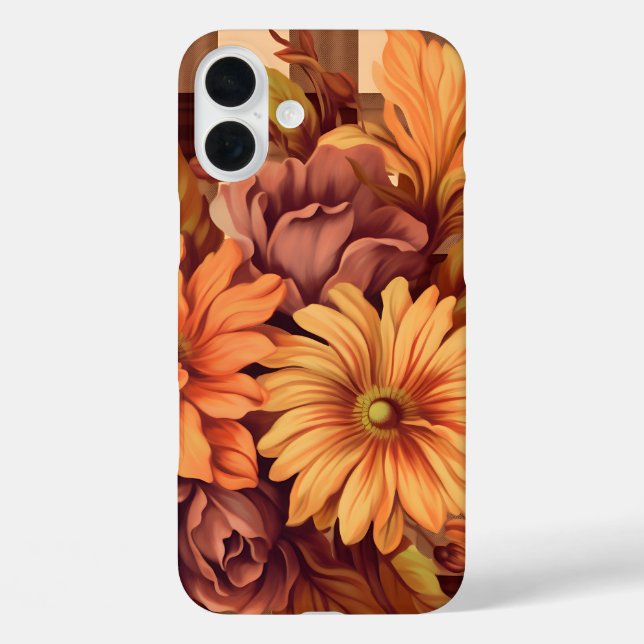 BROWN PLAID PATTERN WITH FALL ASTER FLOWERS Case-Mate iPhone CASE (Back)