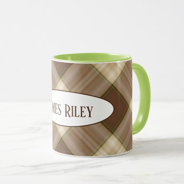 brown plaid pattern with name mug (Front Right)