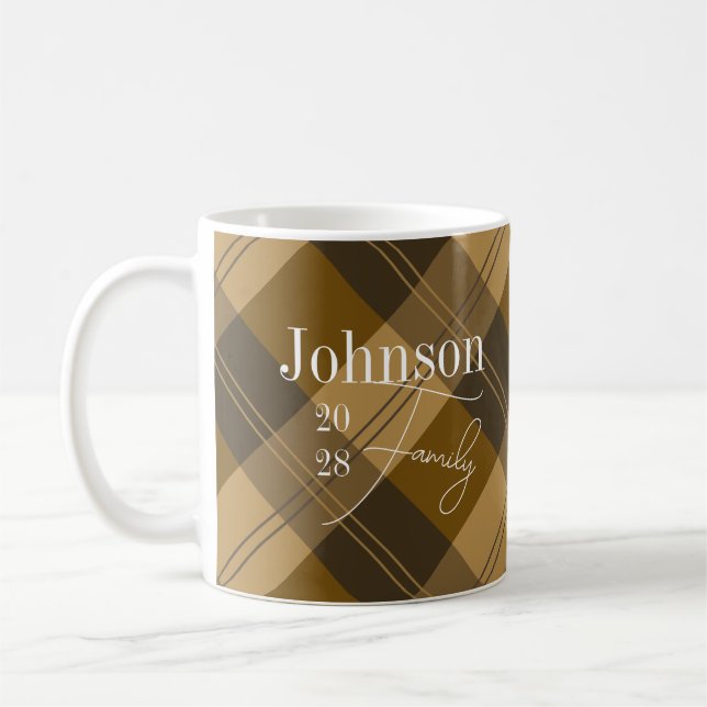 Brown Plaid Personalized Family Name Coffee Mug (Left)