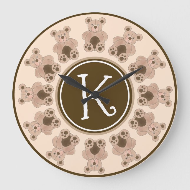 Brown Plush Toy Teddy Bear Bedroom Initial Large Clock (Front)
