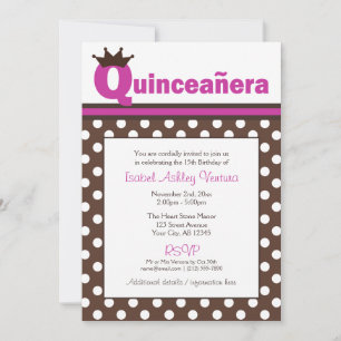 Brown Polka Dot & Fuchsia Quinceañera Invitations