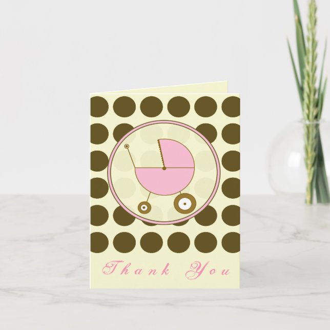 Brown Polka Dot / Pink Baby Carriage Thank You (Front)