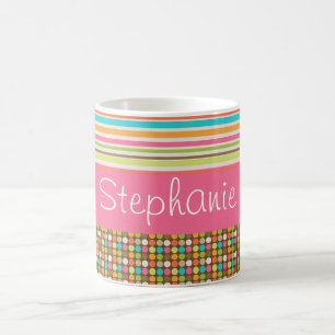 Brown Polka Dot Stripes Custom Name Coffee Mug