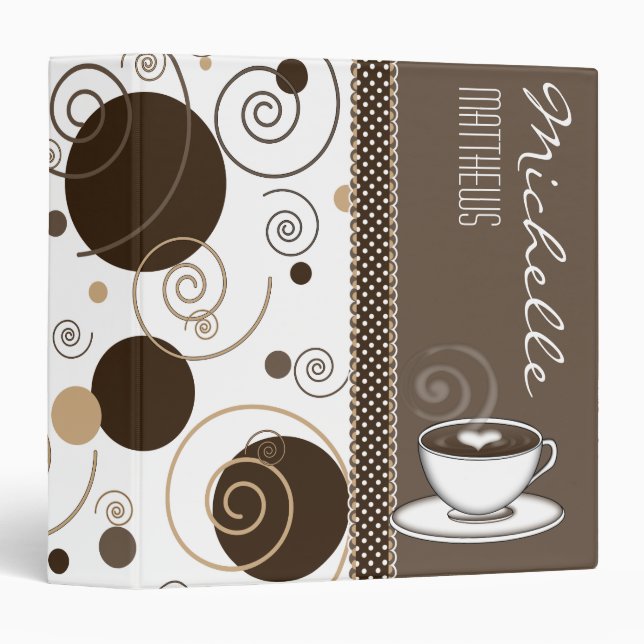 Brown Polka Dots and Swirls Name Coffee Cup Binder (Front/Spine)