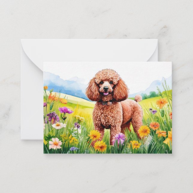 Brown Poodle and Flowers Note Card (Front)