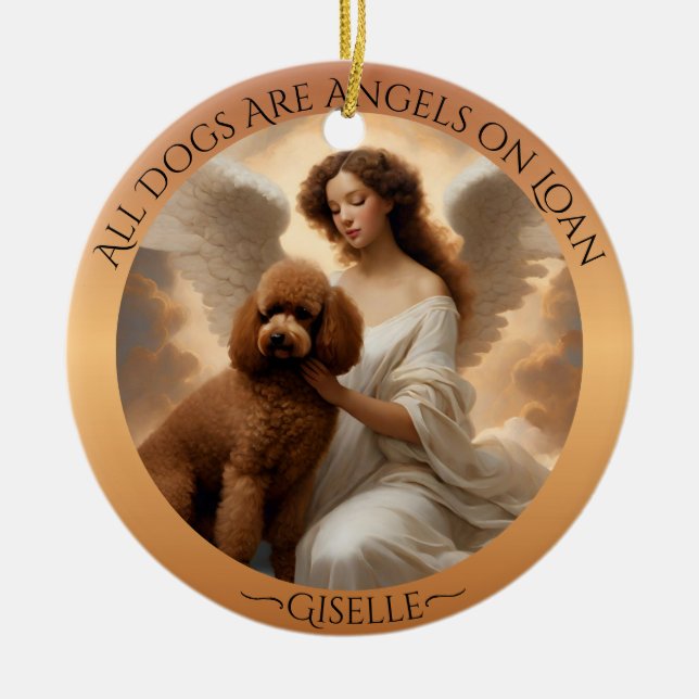 Brown Poodle Angel Personalized Memorial  Ceramic Ornament (Front)
