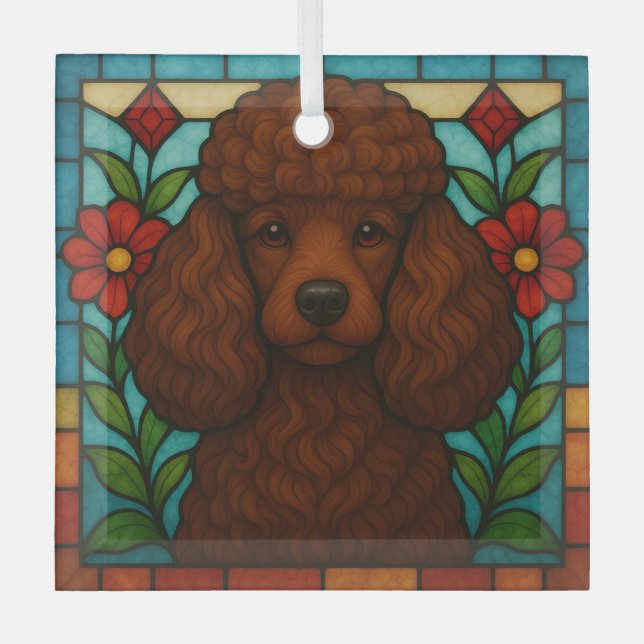 Brown Poodle Dog "Stained Glass"  Glass Ornament (Front)