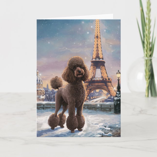 Brown Poodle Winter in Paris Painting Art Card (Front)