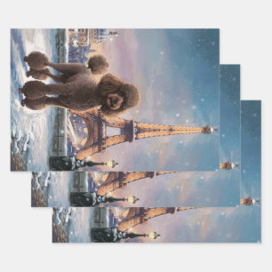 Brown Poodle Winter in Paris Painting Decoupage Wrapping Paper Sheet