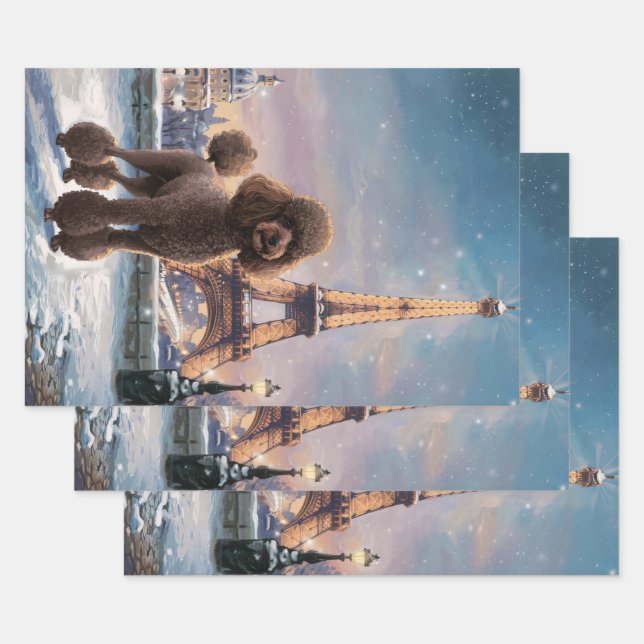 Brown Poodle Winter in Paris Painting Decoupage Wrapping Paper Sheet (Set)