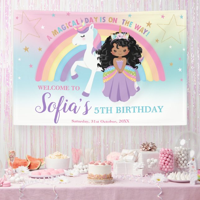 Brown Princess Unicorn Birthday Rainbow Welcome Banner (Party)
