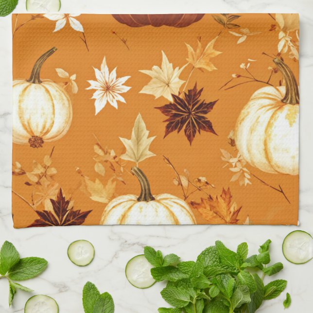Brown Pumpkin Floral Autumn and Fall Pattern Kitchen Towel (Folded)
