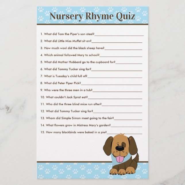 Brown Puppy Dog Boy Baby Shower Nursery Rhyme Quiz (Front)