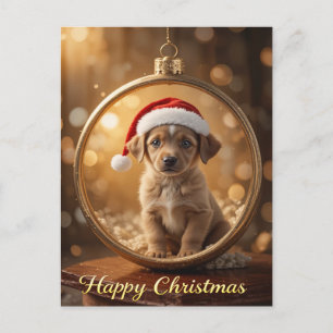 Brown Puppy Santa Hat Christmas Warm and Cozy Postcard