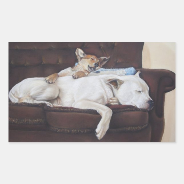brown puppy white american bulldog realist art sticker (Front)