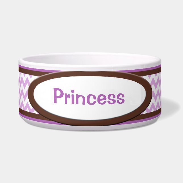 Brown & Purple Chevron Personalized Dog Bowl (Front)