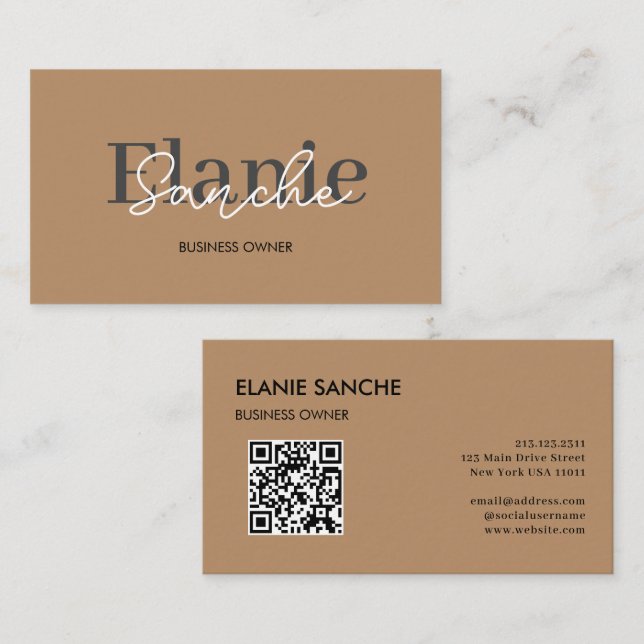 Brown QR Code Trendy Elegant Modern Business Card (Front/Back)