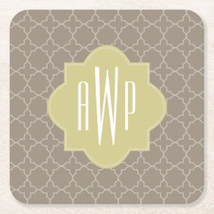 Brown Quatrefoil Monogram Square Paper Coaster