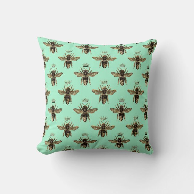 Brown Queen Bees on Mint Green Throw Pillow (Front)