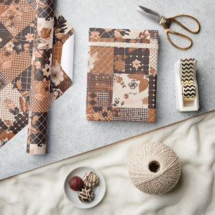 Brown Quilt Earthy Gingham Cottagecore Floral Wrapping Paper
