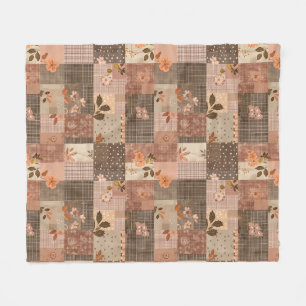 Brown Quilt Patchwork Gingham Cottagecore Floral Fleece Blanket